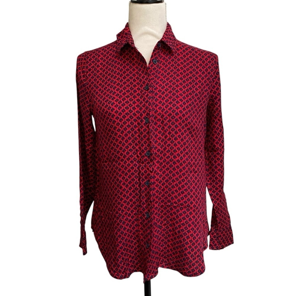 Banana Republic Boyfriend Fit Blouse XS Red Blue Geometric Peplum Hem Top